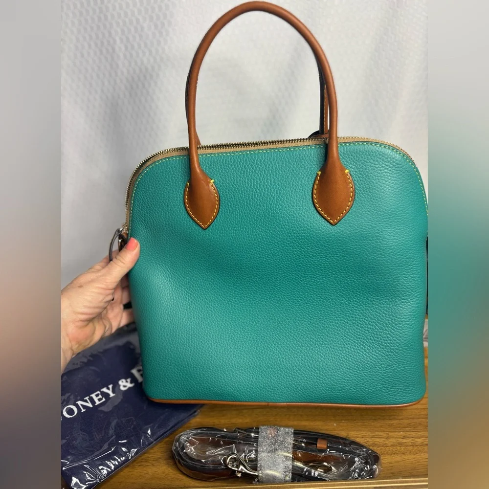 Dooney & Bourke Spearmint Pebbled Leather Large Dome Satchel with Tan Trim NWT - Picture 4 of 14